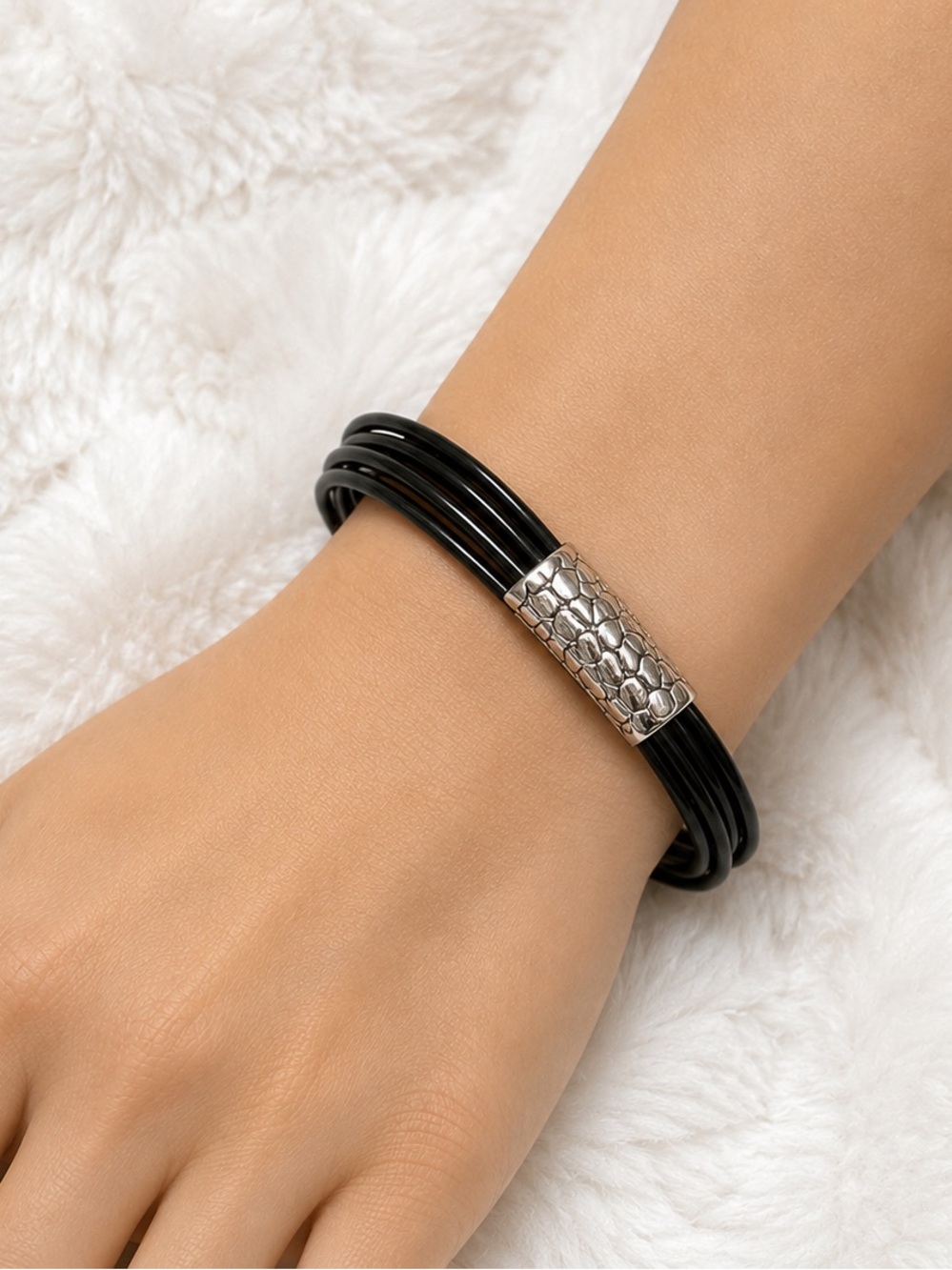 Black Multi-Strand Magnetic Bracelet | Chic Silver Tone Layered Cuff